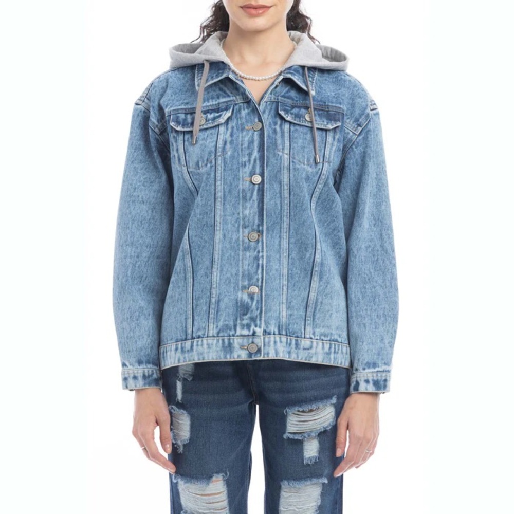 Soft Denim Jacket with Grey Hood